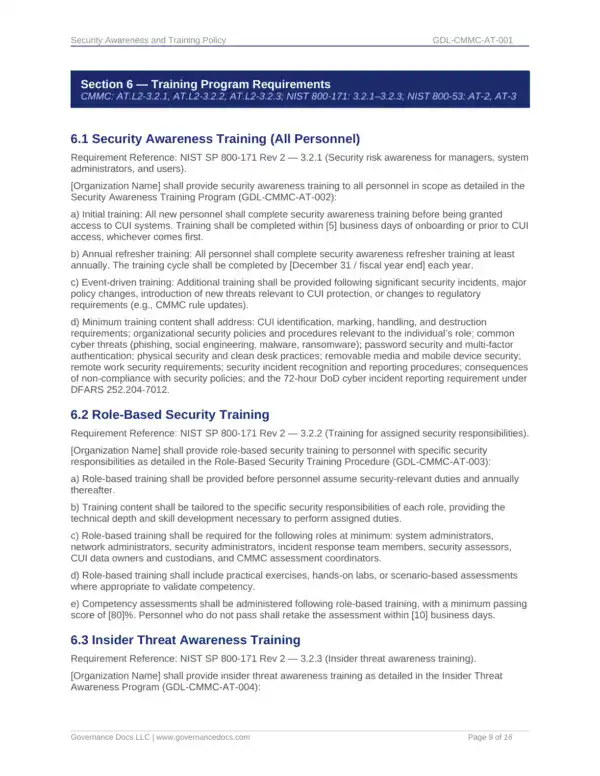 CMMC training requirements and security awareness for compliance readiness.