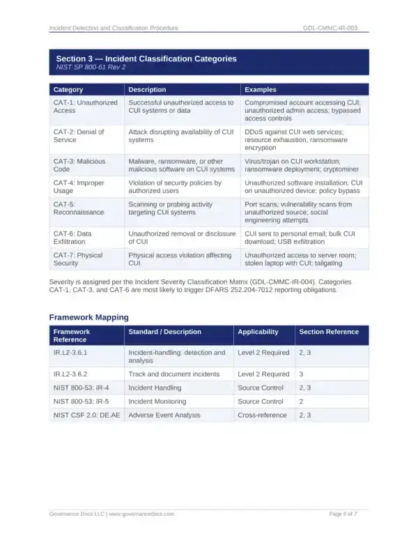 CMMC incident classification categories for cybersecurity compliance and documentation.