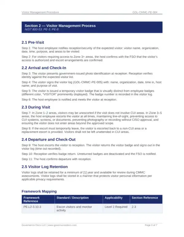 Visitor management process for CMMC compliance and security.