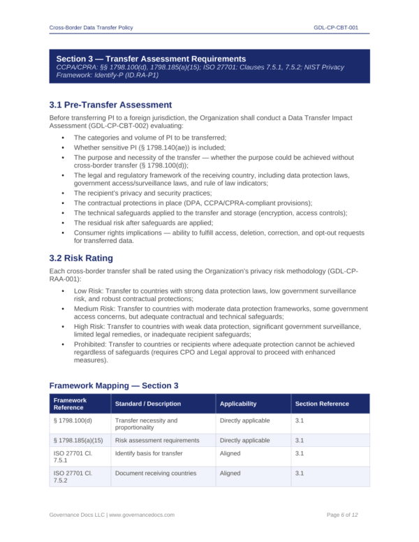 Data transfer policy and compliance requirements for privacy and security.