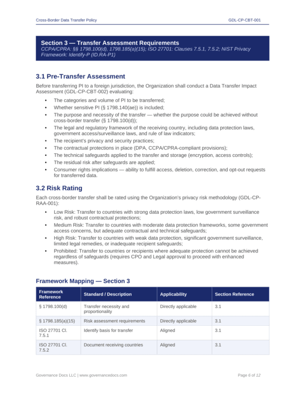 Data transfer policy and compliance requirements for privacy and security.