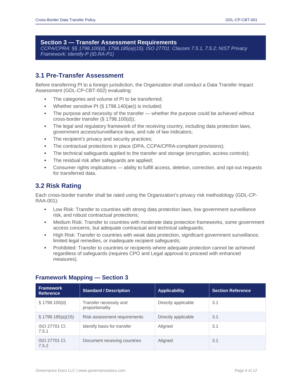 Data transfer policy and compliance requirements for privacy and security.