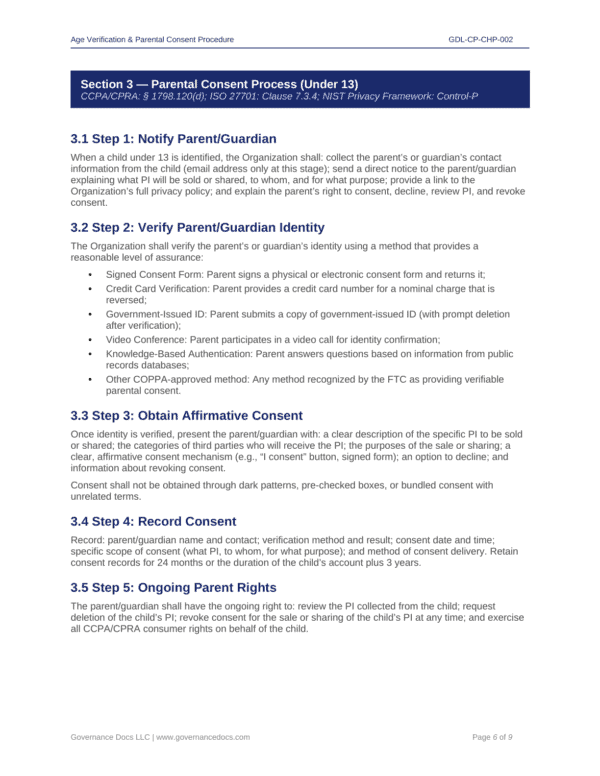 Parental consent process for CCPA-CPRA compliance and privacy templates.