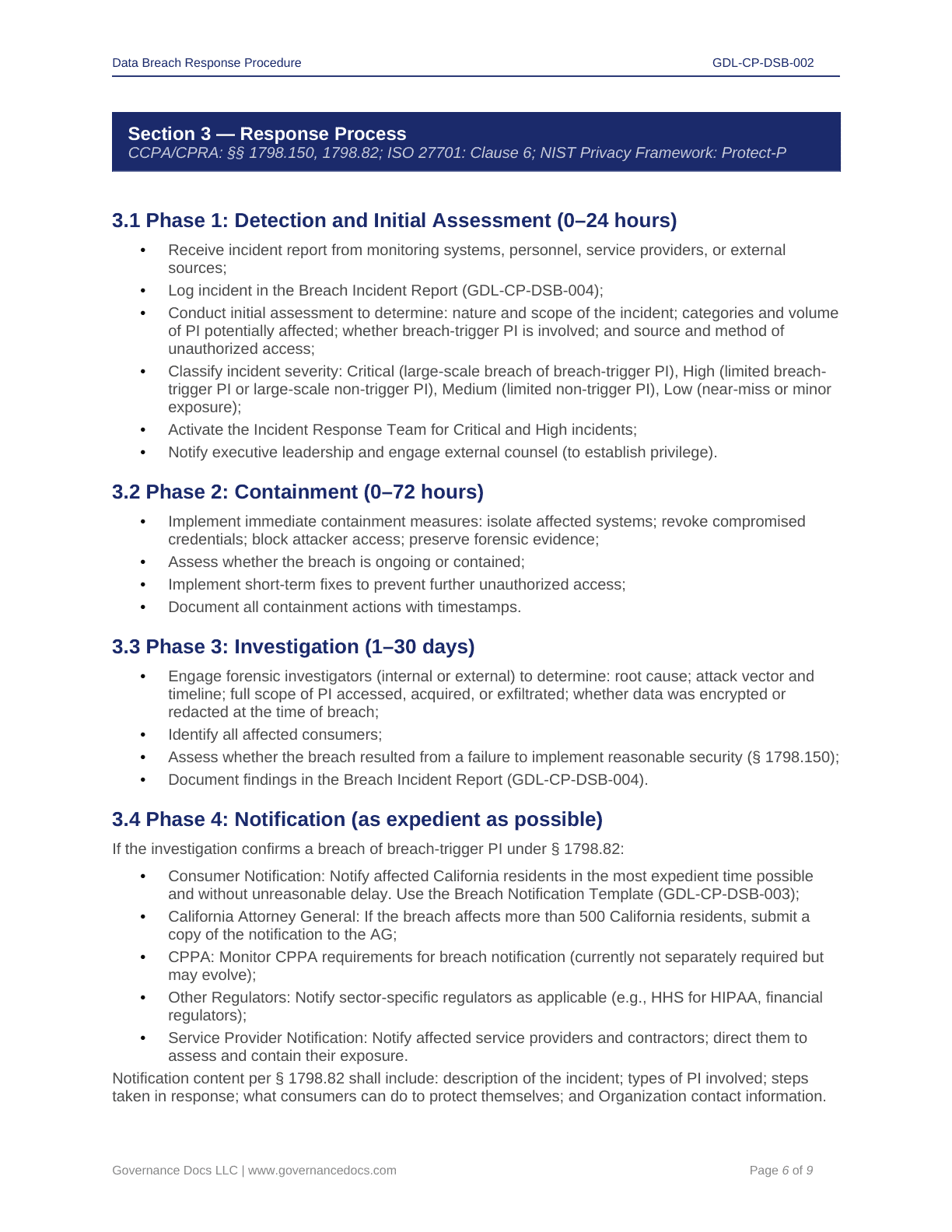 Response process for CCPA-CPRA compliance and data breach management.