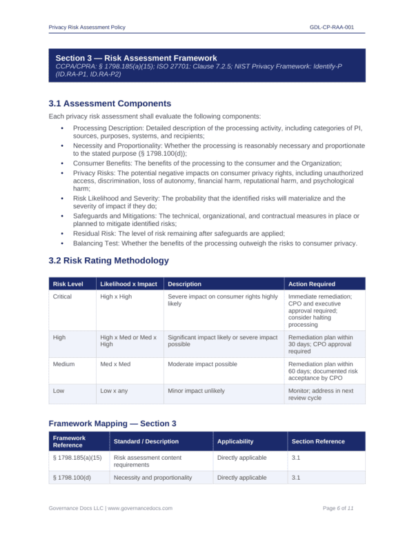 Privacy Risk Assessment Framework for CCPA-CPRA compliance and data protection.
