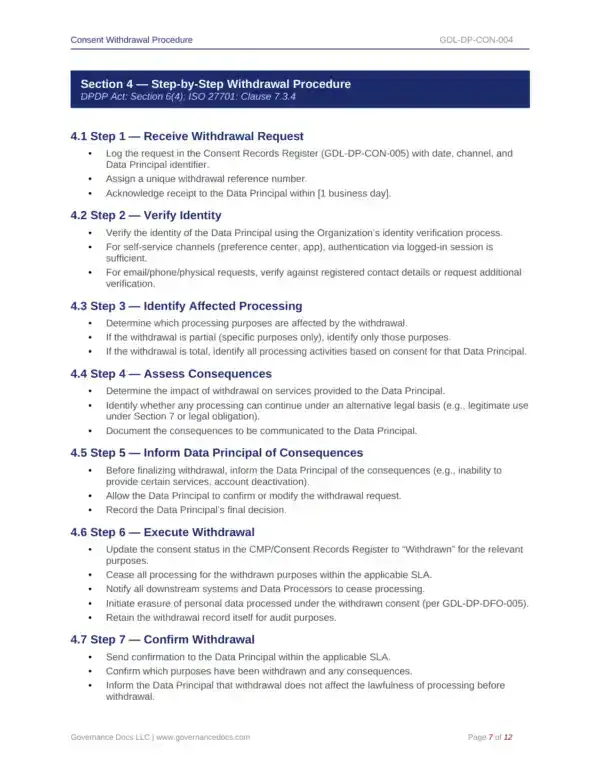 Image showing step-by-step withdrawal procedure for DPDP Act compliance.