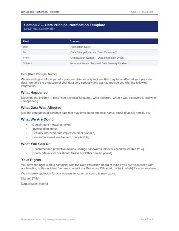 Data Principal Notification Template for privacy and data breach alerts.