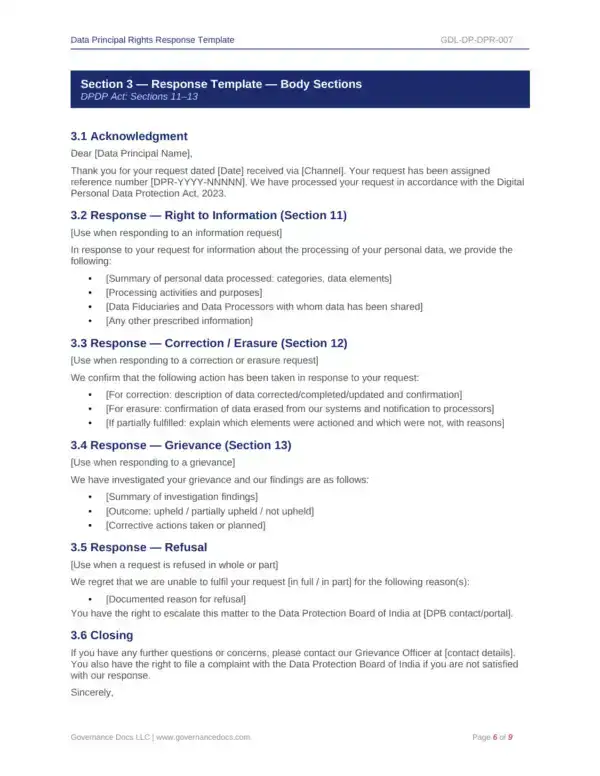 Privacy response template for governance and data protection.