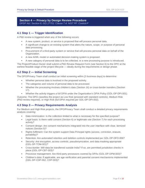 Privacy by Design Review Procedure for Data Protection.
