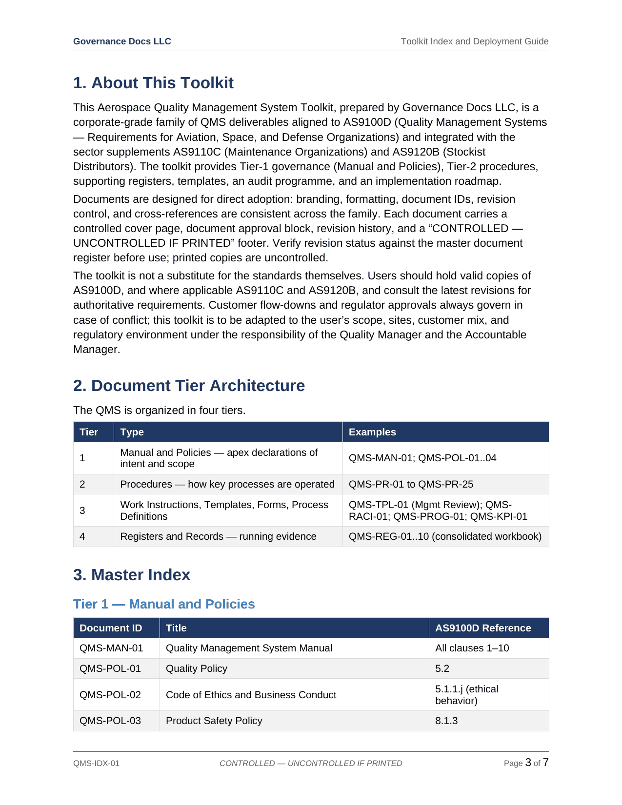AS 9100 documentation toolkit — sample template page 3