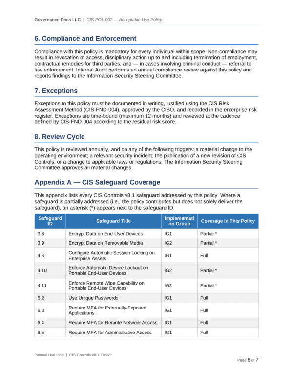 CIS Controls documentation toolkit — sample template page 11