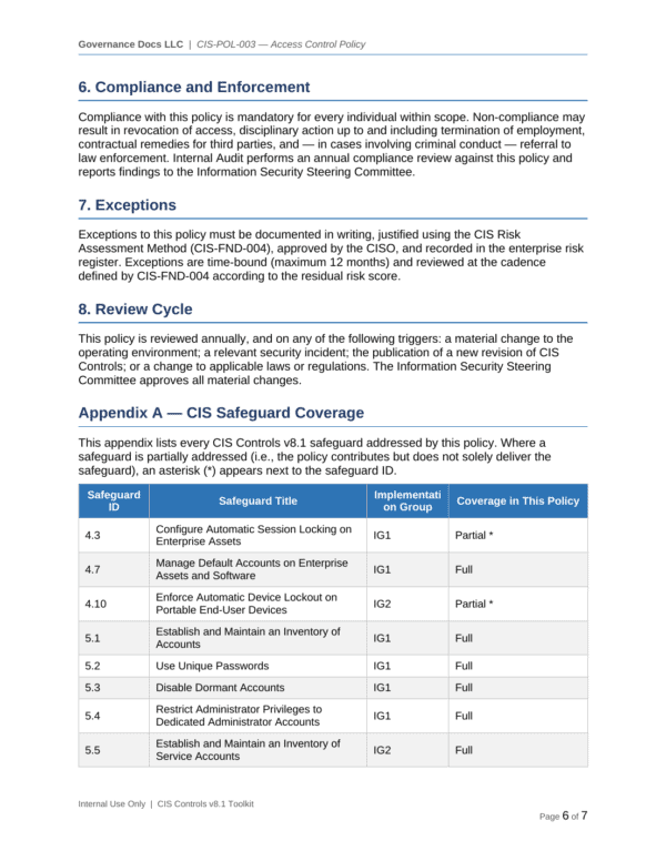 CIS Controls documentation toolkit — sample template page 15
