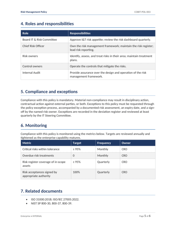 Ensure risk management responsibilities are clear with COBIT 2019 IT governance templates for effect.