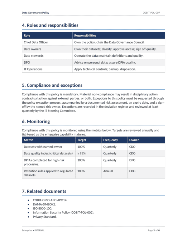 COBIT 2019 IT Governance Toolkit with roles, responsibilities, and compliance details.