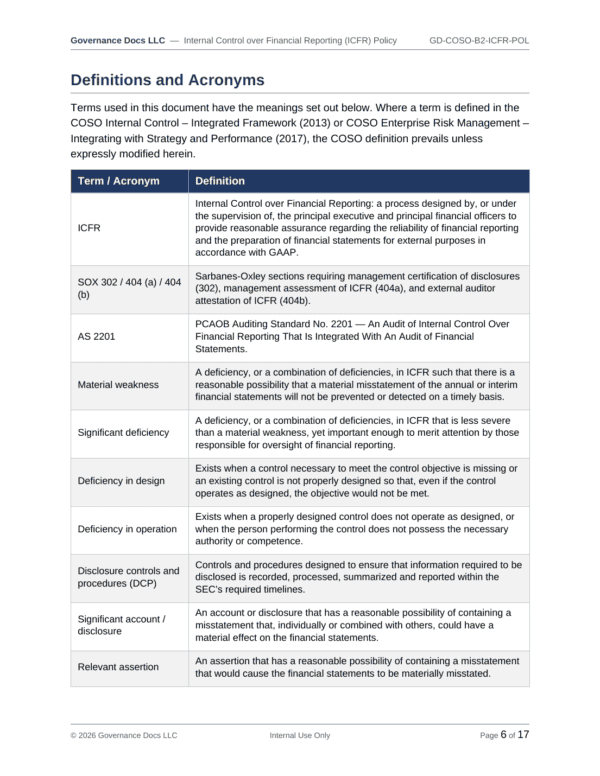 COSO documentation toolkit — sample template page 1