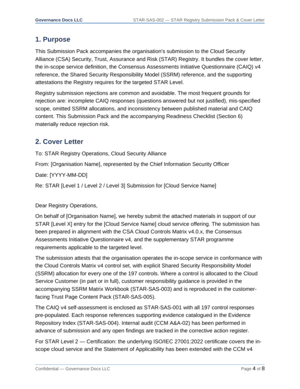 CSA STAR documentation toolkit — sample template page 1