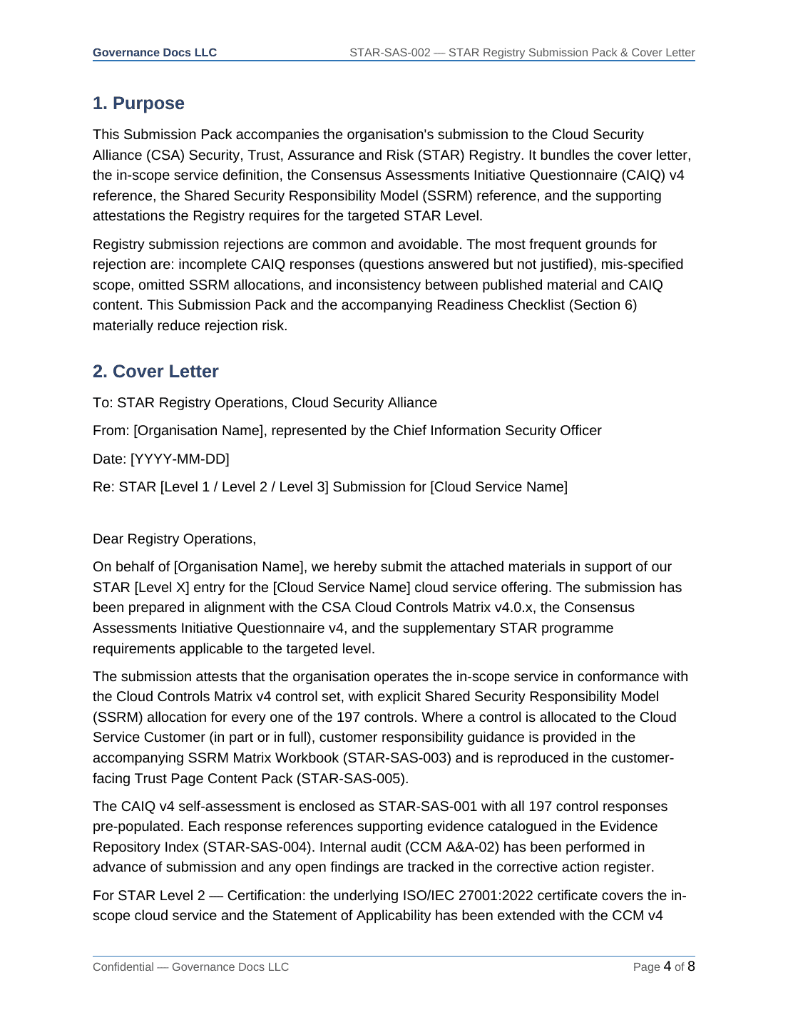 CSA STAR documentation toolkit — sample template page 1