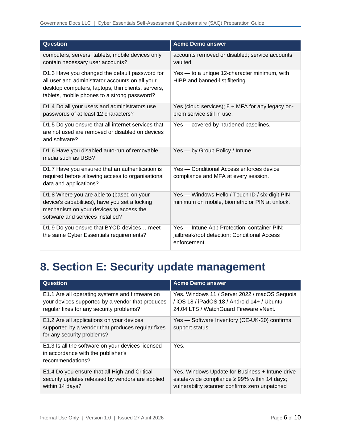Cyber Essentials documentation toolkit — sample template page 5