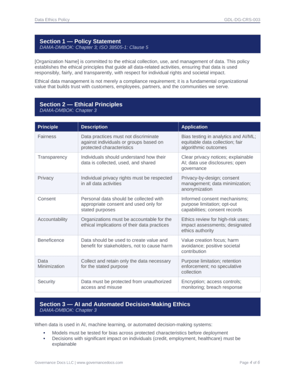 Data governance policies and ethical principles for comprehensive data management.