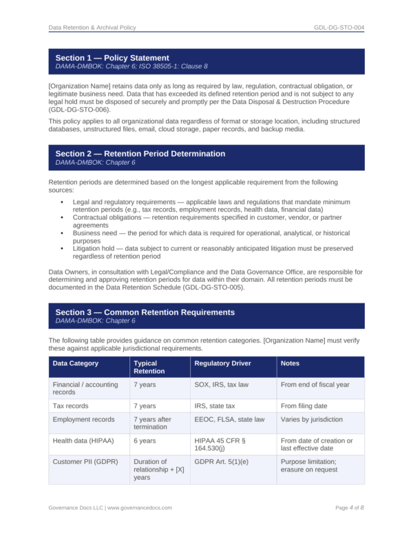 Data Governance Policy and Retention Requirements for Effective Data Management.