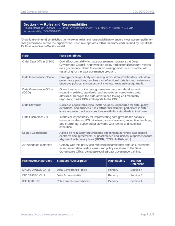 Data Governance documentation toolkit — sample template page 1