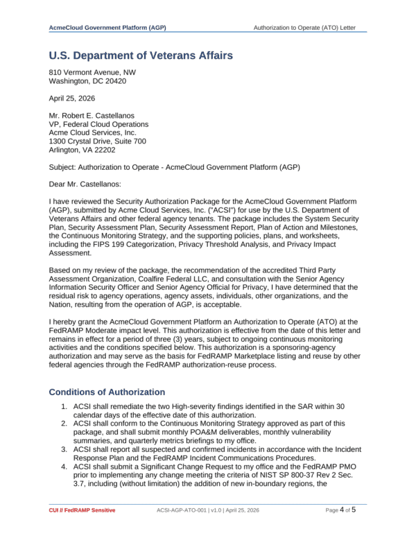 U.S. Department of Veterans Affairs FedRAMP authorization letter for cloud security compliance.