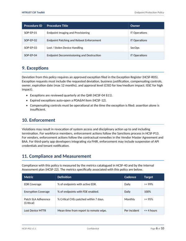 HITRUST CSF documentation toolkit — sample template page 10