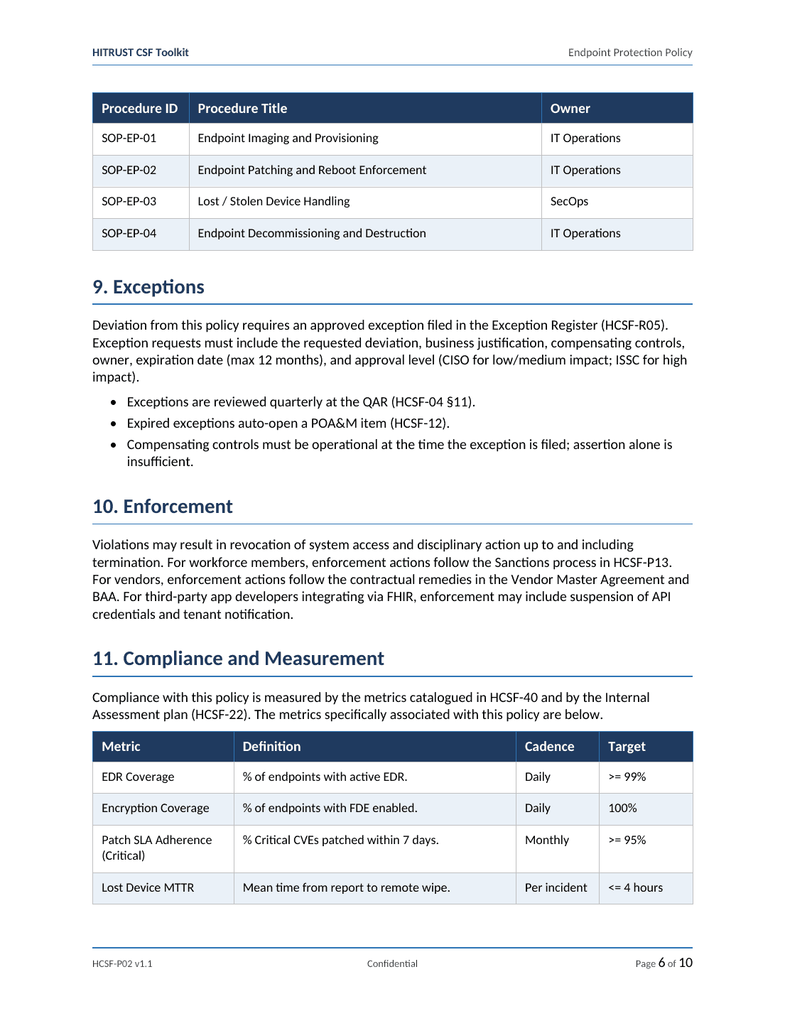 HITRUST CSF documentation toolkit — sample template page 10