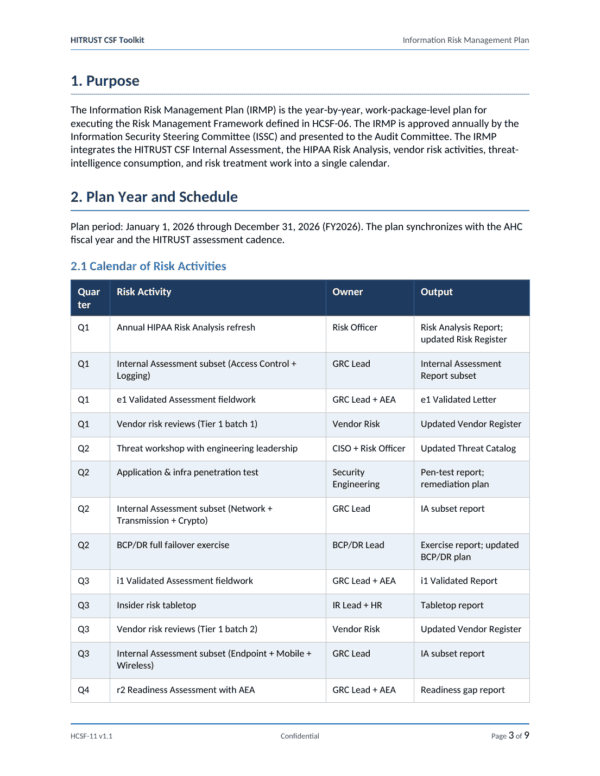 HITRUST CSF documentation toolkit — sample template page 9