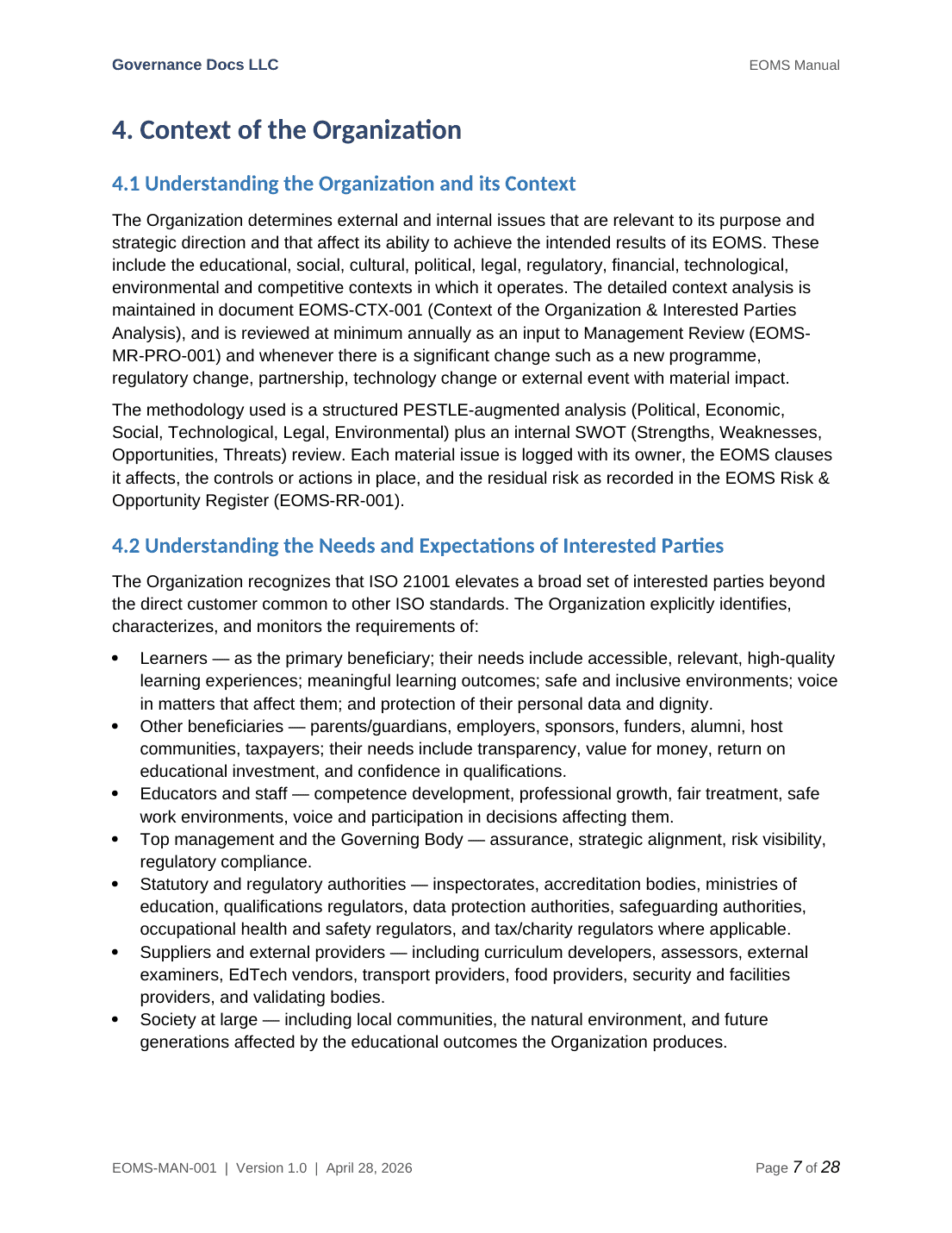 ISO 21001 documentation toolkit — sample template page 1