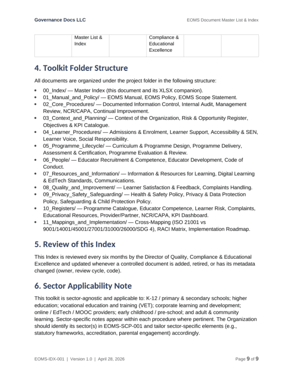 ISO 21001 documentation toolkit — sample template page 2