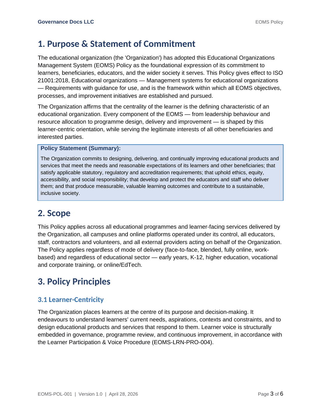 ISO 21001 documentation toolkit — sample template page 3