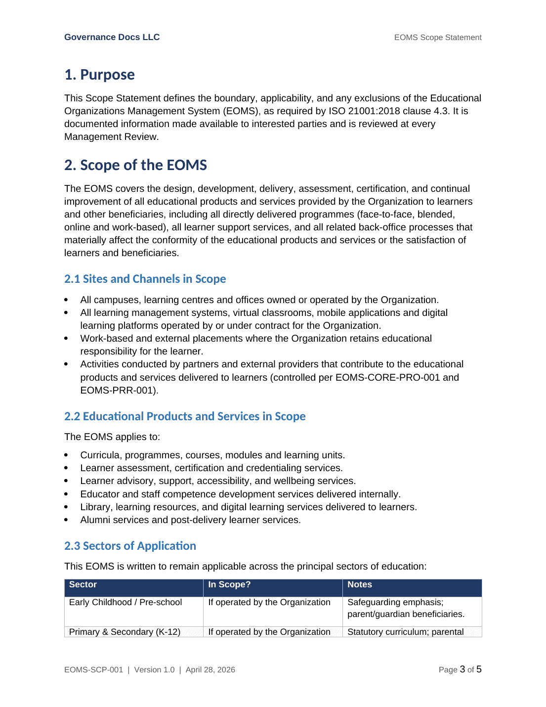 ISO 21001 documentation toolkit — sample template page 9