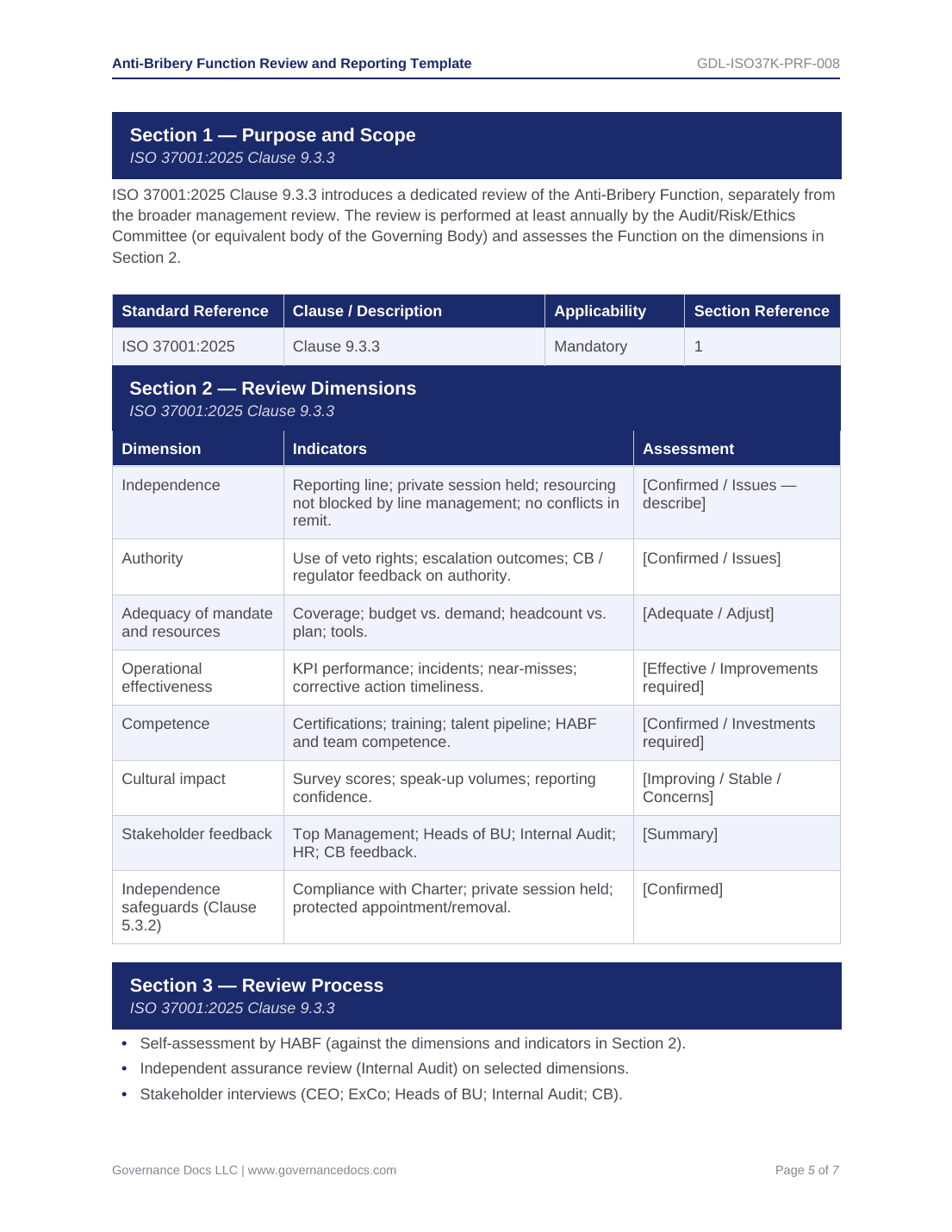 ISO 37001 compliance template for anti-bribery management systems.