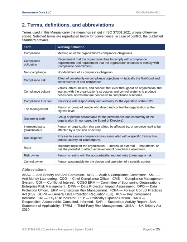 ISO 37301 documentation toolkit — sample template page 1