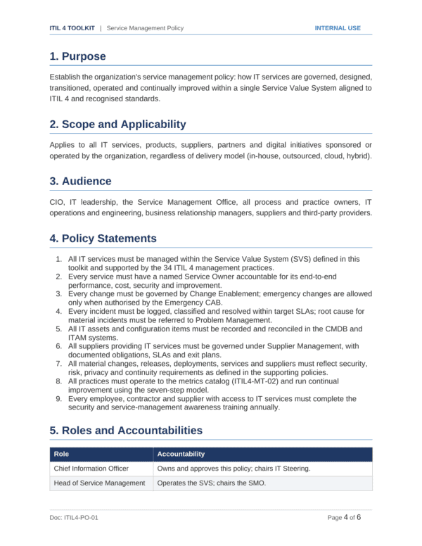 ITIL 4 documentation toolkit — sample template page 1