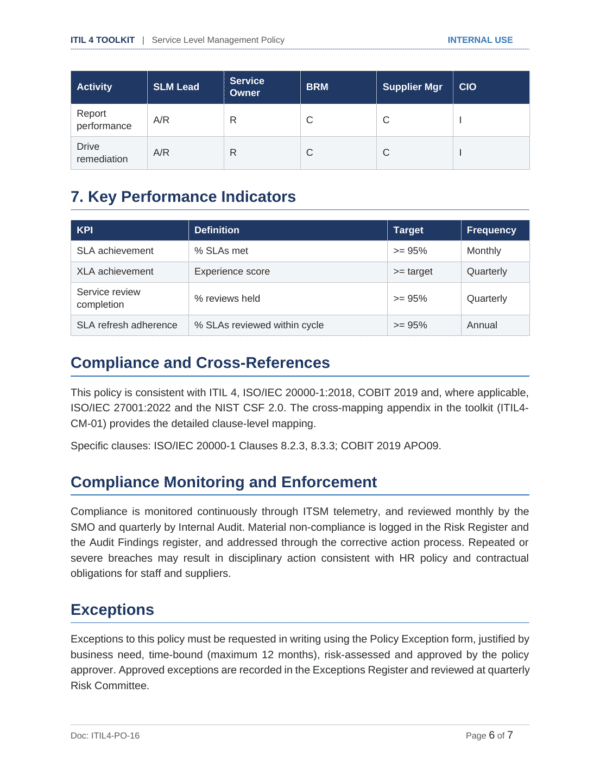 ITIL 4 documentation toolkit — sample template page 10