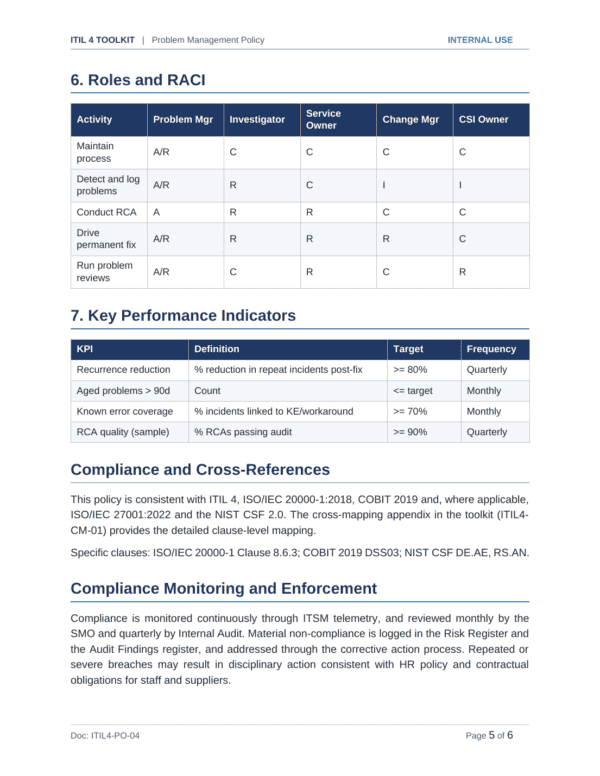 ITIL 4 documentation toolkit — sample template page 15