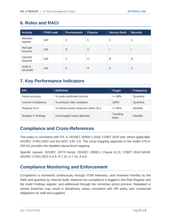 ITIL 4 documentation toolkit — sample template page 16