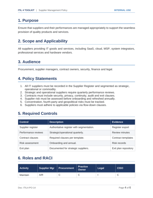 ITIL 4 documentation toolkit — sample template page 18