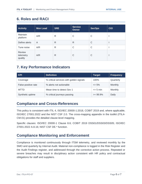 ITIL 4 documentation toolkit — sample template page 19