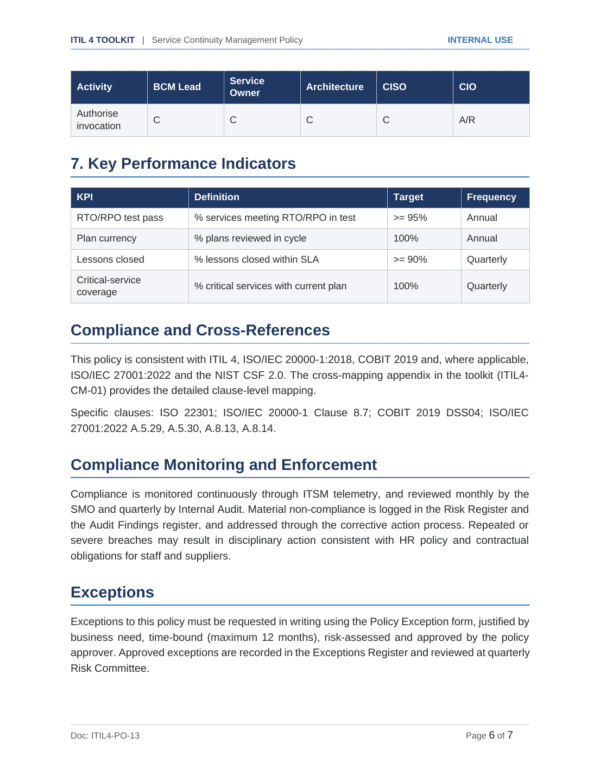ITIL 4 documentation toolkit — sample template page 6