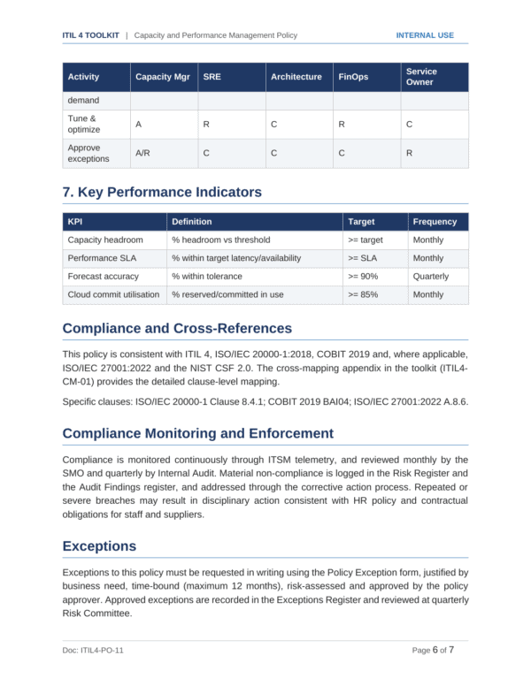 ITIL 4 documentation toolkit — sample template page 7