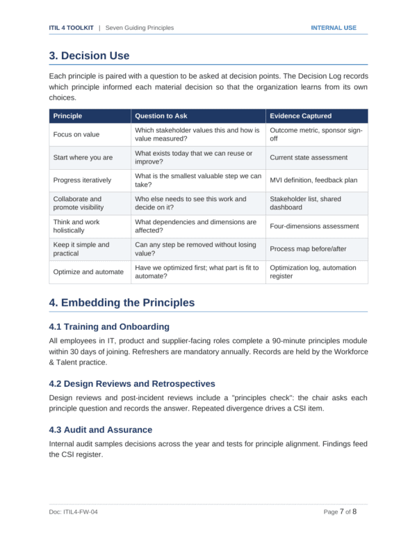 ITIL 4 documentation toolkit — sample template page 8