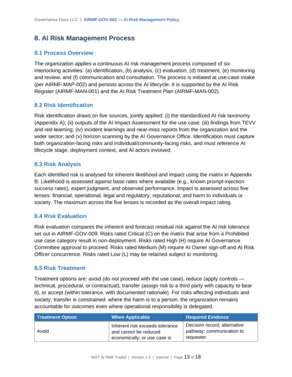 NIST AI RMF documentation toolkit — sample template page 1