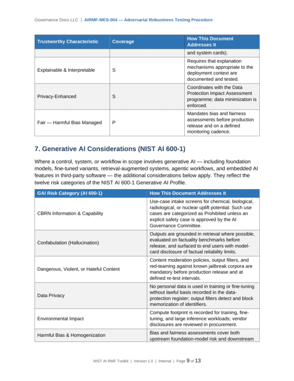 NIST AI RMF documentation toolkit — sample template page 10