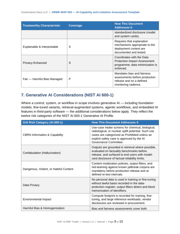 NIST AI RMF documentation toolkit — sample template page 12