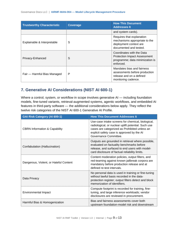 NIST AI RMF documentation toolkit — sample template page 13