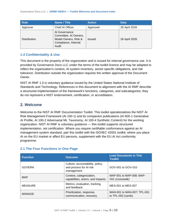 NIST AI RMF documentation toolkit — sample template page 17