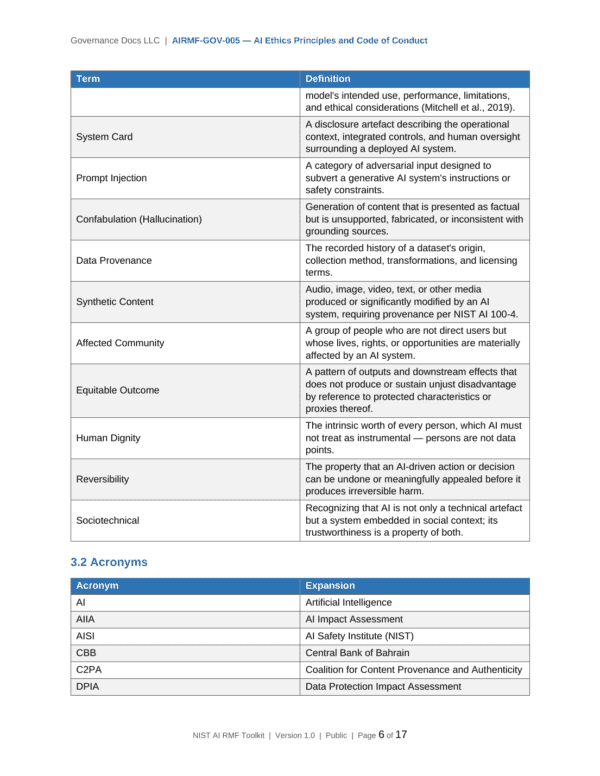 NIST AI RMF documentation toolkit — sample template page 18